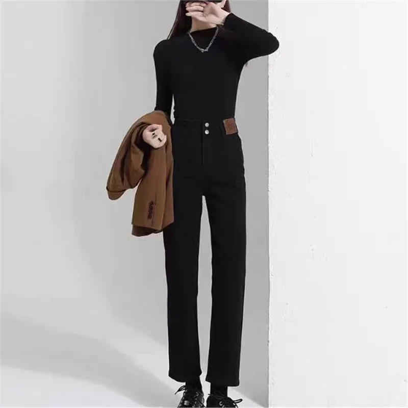 High Waist Straight Leg Jeans Women's Spring Autumn Slimming Denim Pants Nine Points High Waist Conceal Meat Ins Style