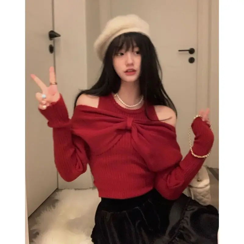 2023 Autumn/Winter New Fashion Pure Lust Off Shoulder Bow Thickened Tank Top Knitted Sweater Top Solid Coat Women Clothing