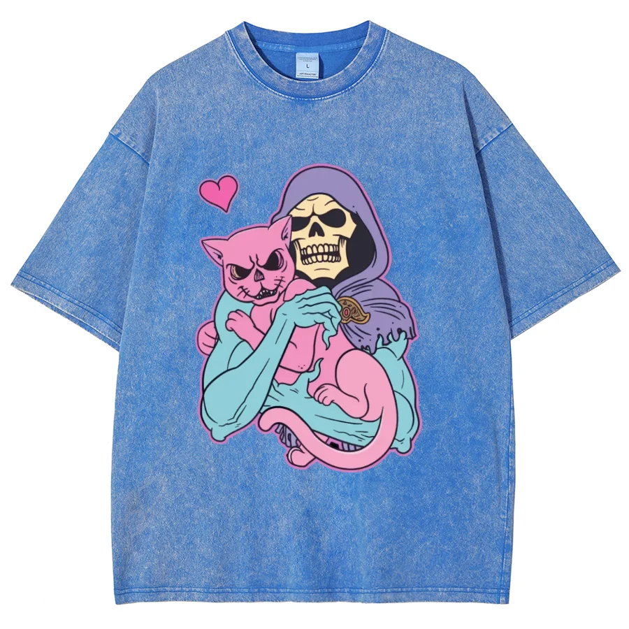 Fashionable Skull Hugging Cat Print Women's Cotton T-Shirt Imitation Denim Oversized Unisex Short Sleeve Cute High Street Top