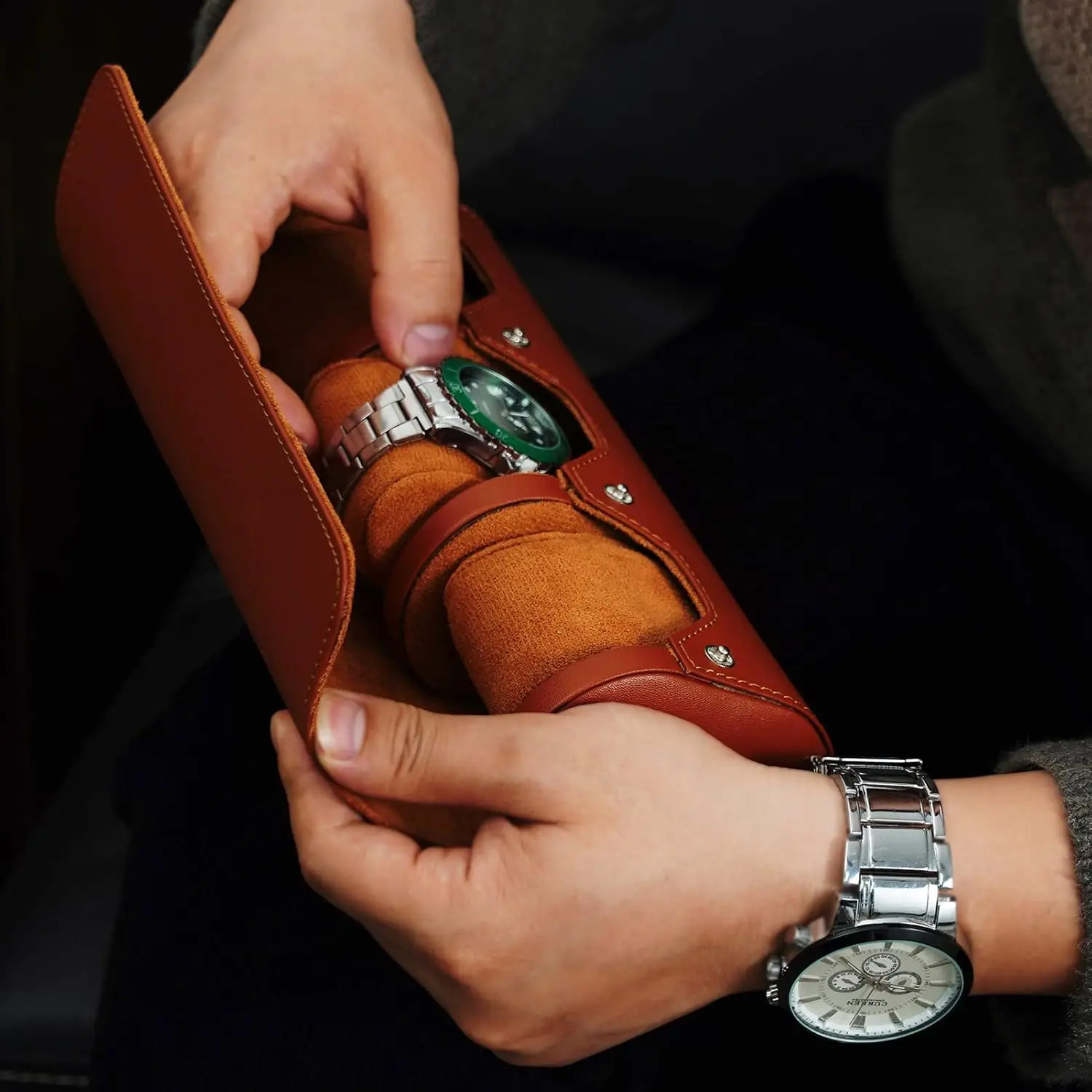 Leather Watch Travel Case - Portable Watch Roll Organizer, Handmade Luxury Gift for Men