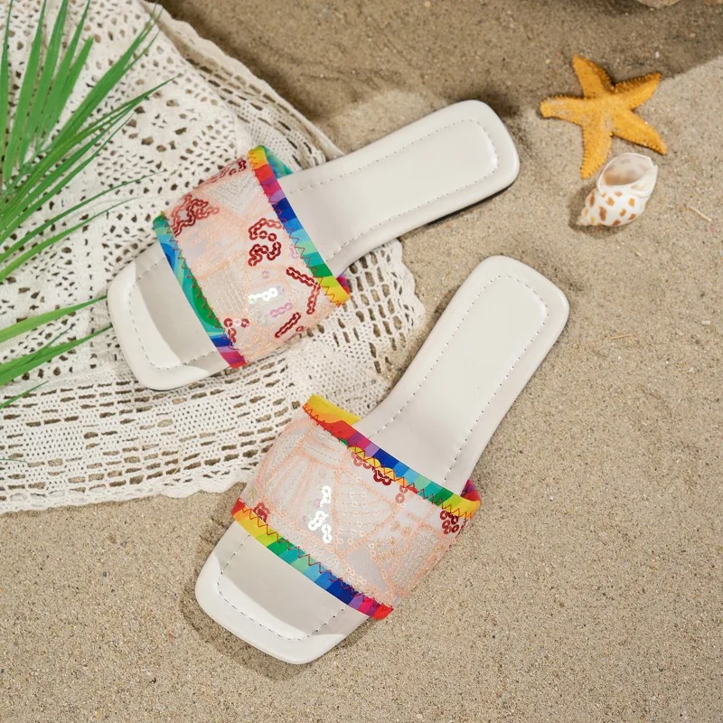 

Женские тапочки на плоской подошве, новые летние нескользящие износостойкие сандалии с квадратной головкой и открытым носком, блестящая сетка на мягкой подошве