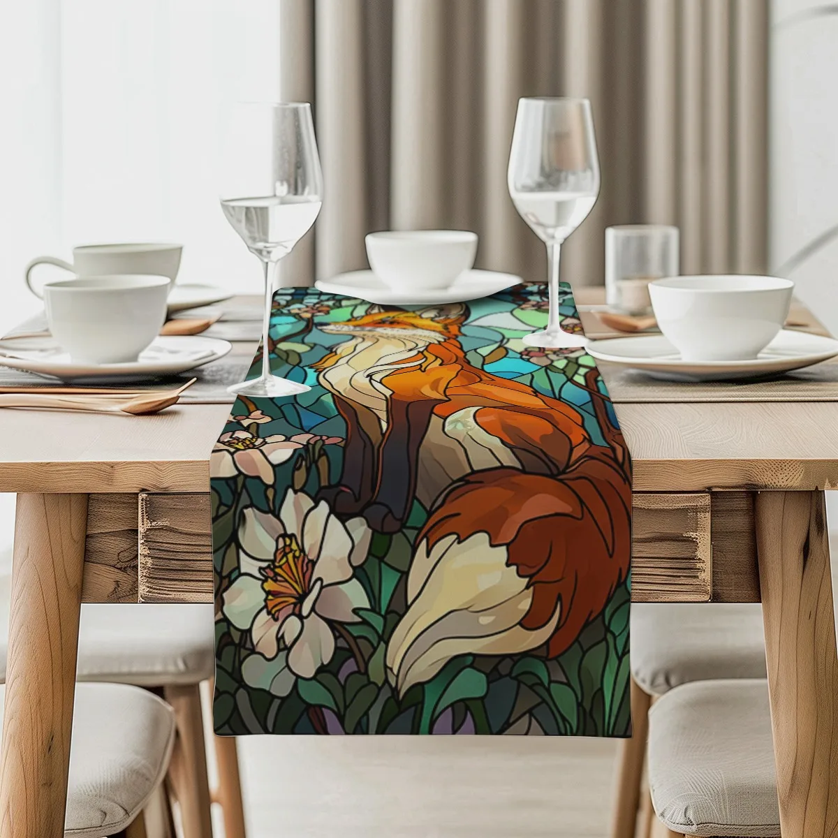 

print table runner Fox and Blossom Stained Glass Style Long cloth for Weddings Elegant Home Decor accessories,home Durable Fabri