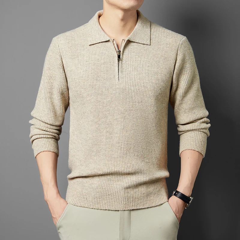 Suéter de punto de media cremallera con solapa de lujo de alta gama para hombre Otoño Invierno nuevo jersey Simple suave suéter para ir al trabajo de negocios ropa para hombre