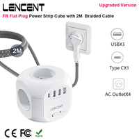 LENCENT FR Flat Plug Power Strip Cube with  4 AC Outlets 3 USB Port 1 Type C 2M Braided Cable Multi Socket with Switch for Home