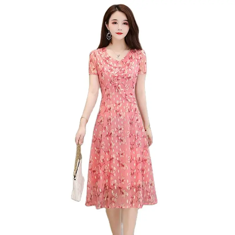 

2023 Summer New Short Sleeve Printed Dress Fashion Mom Pack Waist Slim Big Swing Skirt Breathable Slim Mid-length Dress Women5XL