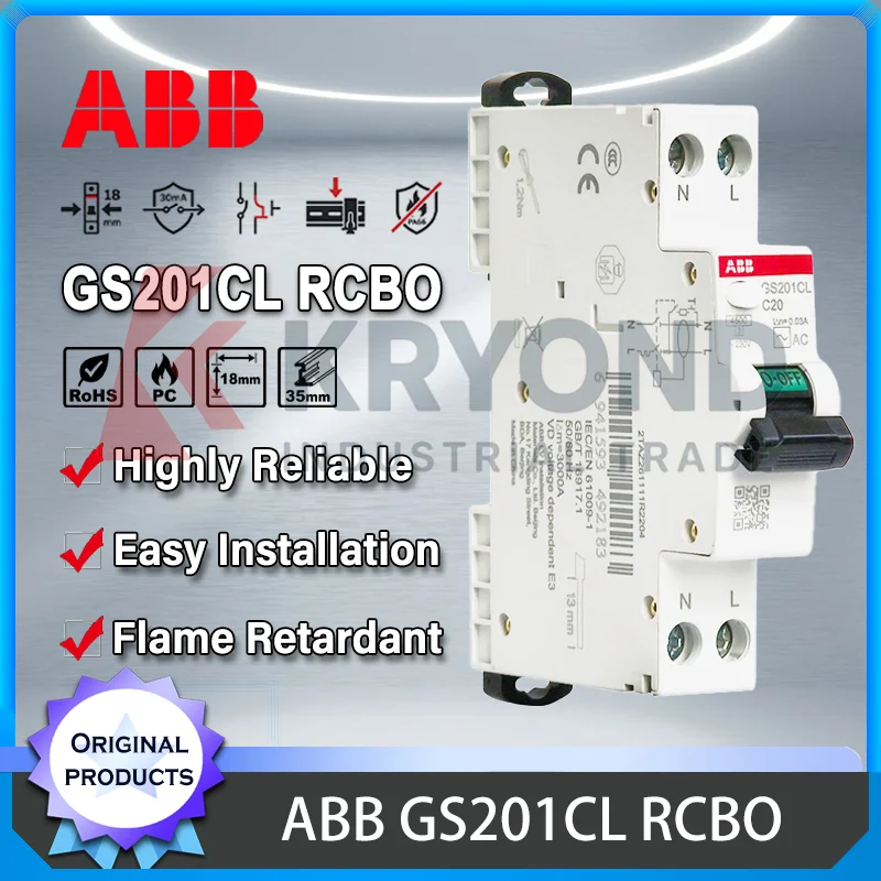 ABB GS201CL Slim RCBO Din Rail Circuit Breaker Leakage Overload Protection Distribution Box 1P+N 230V 30mA C10 C16 C20 C25 C32