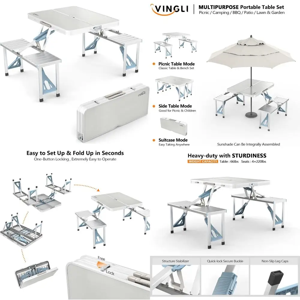 

Folding Camping Picnic Table with Seats and Umbrella Hole - Lightweight, Supports 265 Lbs, Compact Suitcase Style Table