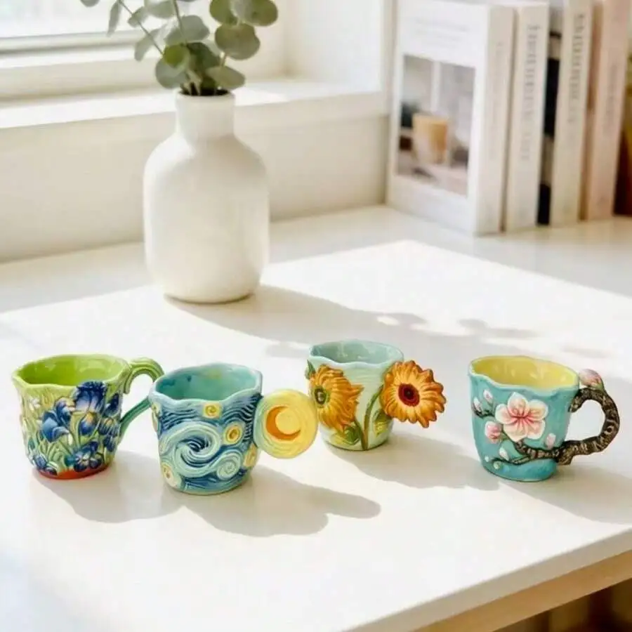 4pcs Van Gogh series embossed - đánh giá và giá Coffee Tea Van