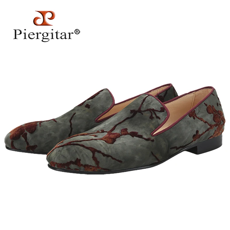 Piergitar 2026 Custom-Made Flocked Tie-Dyed Men's Slip-On Loafers Classic Style Square Toe Slippers CL Brand Same Red Outsole