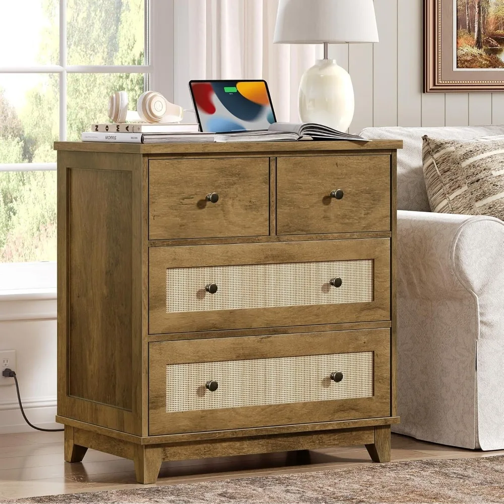 

Rattan Large Nightstand with Charging Station, 29.6 Inch Tall Boho Night Stand with 4 Drawers, Wide Side Table/End Table for Liv