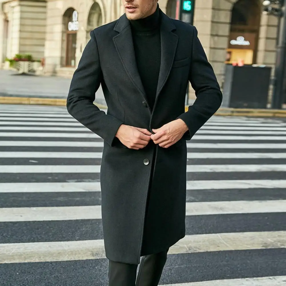Men British Style Long Woolen Coat Autumn Winter Windbreaker Turn-down Collar Single-breasted Split Knee Length Trench Coat