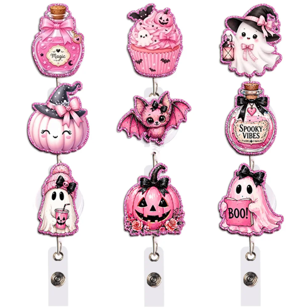Cute Pink Halloween Badge Reel Retractable ID Holder Pumpkin Bat Ghost Skull Moon Gift for Party Cosplay Festival