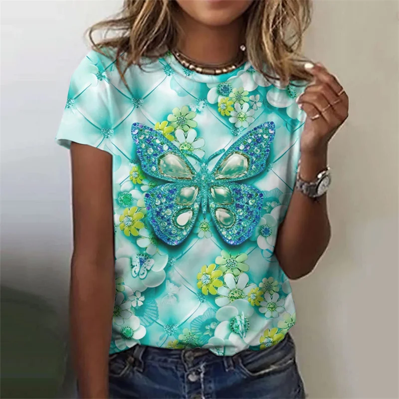 Harajuku 3D Florals Print T Shirt Butterflies Graphic T Shirts Women Fashion Tee Shirts Girl Funny Clothing Clothes Short Shirts