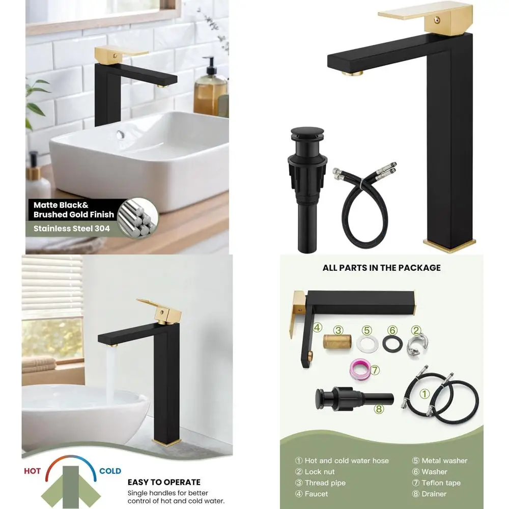 

Matte Black & Brushed Gold Single Handle Tall Bathroom Faucet with Matching Supply Hoses and Drain, No Overflow