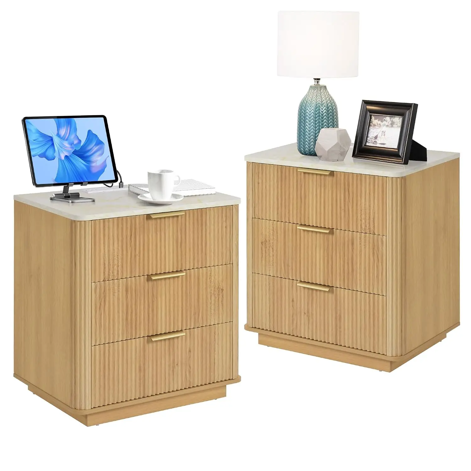 Fluted Nightstand Set 2 Charging Station, 25