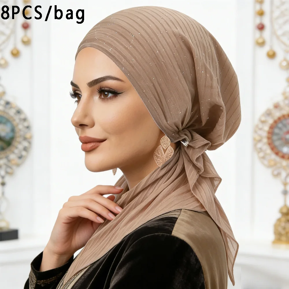

Набор из 8 штук: Мусульманские женские готовые головные уборы (хиджабы, тюрбаны, боннеты, шапочки, платки, банданы, шапки для химиотерапии) для женщин, в том числе при выпадении волос.
