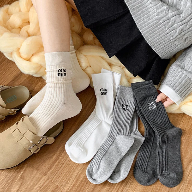 

1 пара женских носков, теплые носки средней длины, однотонные хлопковые носки, полосатые носки с двойной вязкой