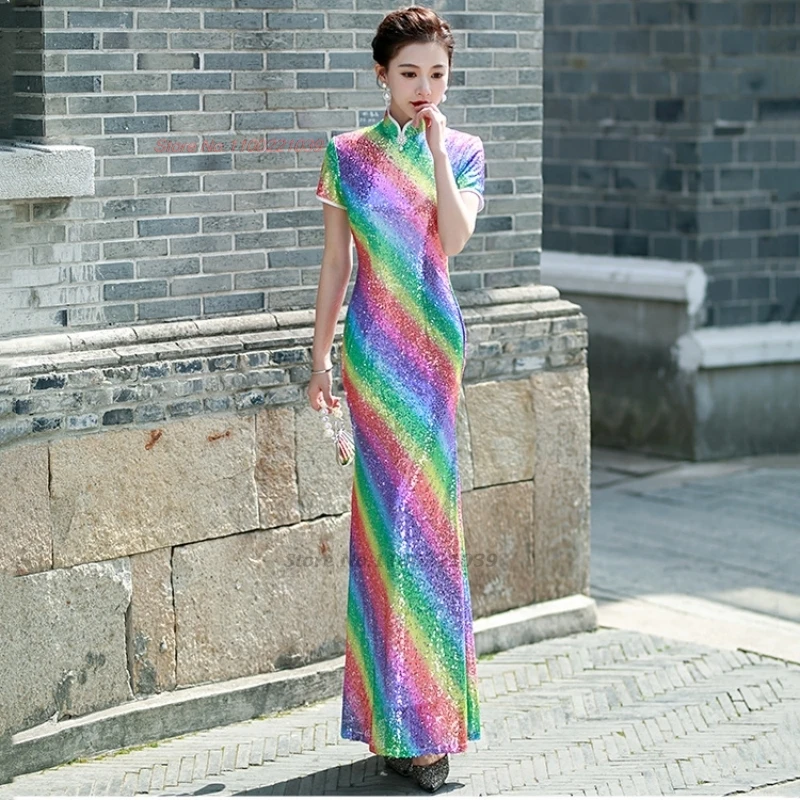 

2024 chinese improved qipao stage dress cheongsam national rainbow color sequin formal qipao oriental banquet evening dress