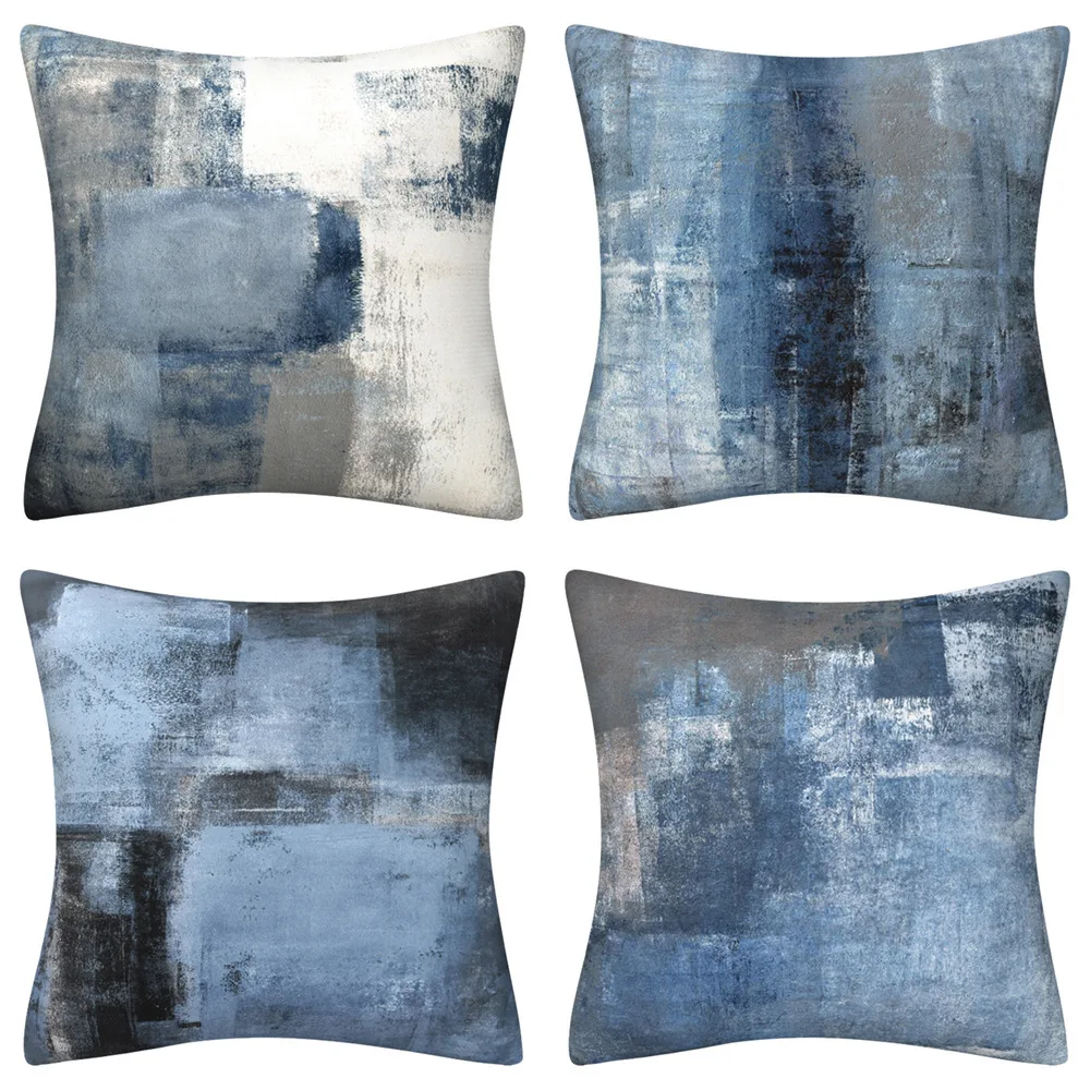 כחול אפור מופשט ציור שמן קטיפה יחיד מכסה כרית חד צדדית עבור ספת ספת הבית מיטת הספה לזרוק כרית מכסה סלון דקורטיבי