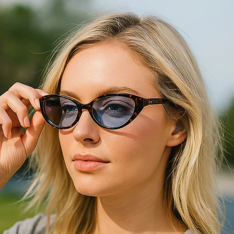 แว่นกันแดดทรงแคทอายประดับหมุดสไตล์นักปั่นจักรยาน แบรนด์หรูสำหรับผู้หญิง กรอบลายเสือดาว แว่นตากันแดดวินเทจสำหรับผู้หญิง