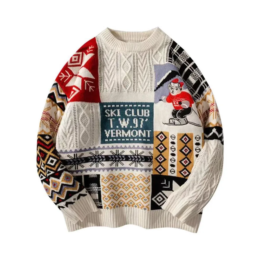 

Trendy Color Blo Knitted Sweater Men's round Ne Embroidered Bear Cisas loween Lazy Sle Casual Loose Fit Long Sve