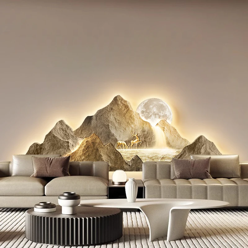 New Chinese Living Room Light Painting Back Jinshan Advanced Sense Landscape Light Mural Lamp Sofa Background Wall With Light Pa