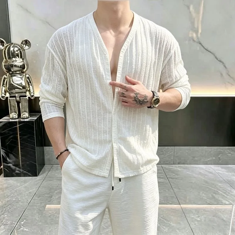 Lightweight Men's V-Neck Long Sleeve Open Cardigan T-Shirt Summer New Style Fashionable Breathable Casual Loose Fit Top