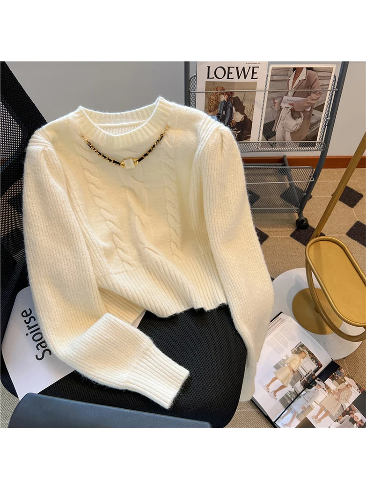 Autumn Winter Women Vintage Cropped Sweater Long Sleeve Korean Solid Color Knitwear 2000s Aesthetic O-Neck Pullovers Solid Color