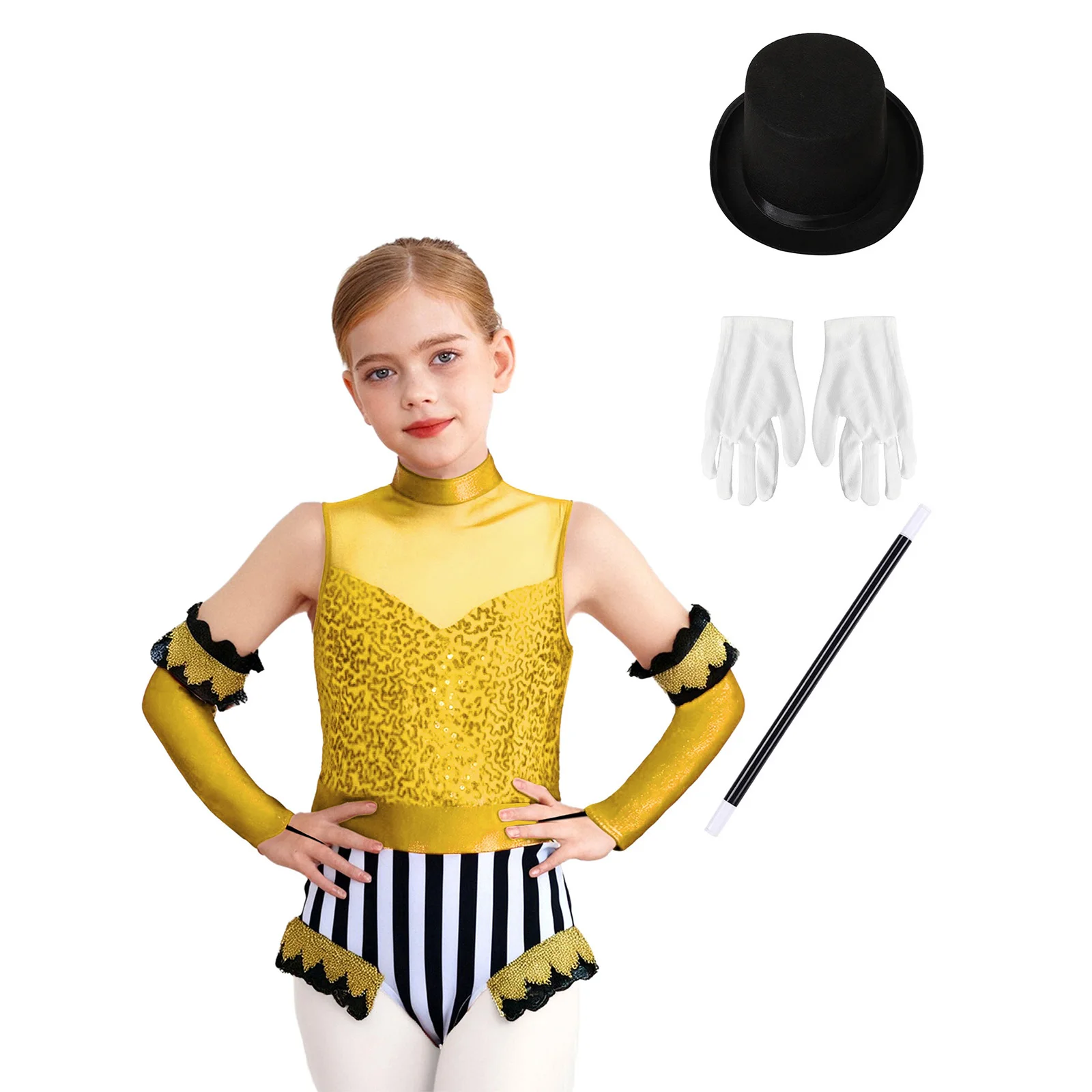 

Girls Circus Magician Role Play Costume Halloween Jazz Latin Dance Set Sleeveless Jumpsuit And Over-Sleeve Hat Magic Wand Gloves
