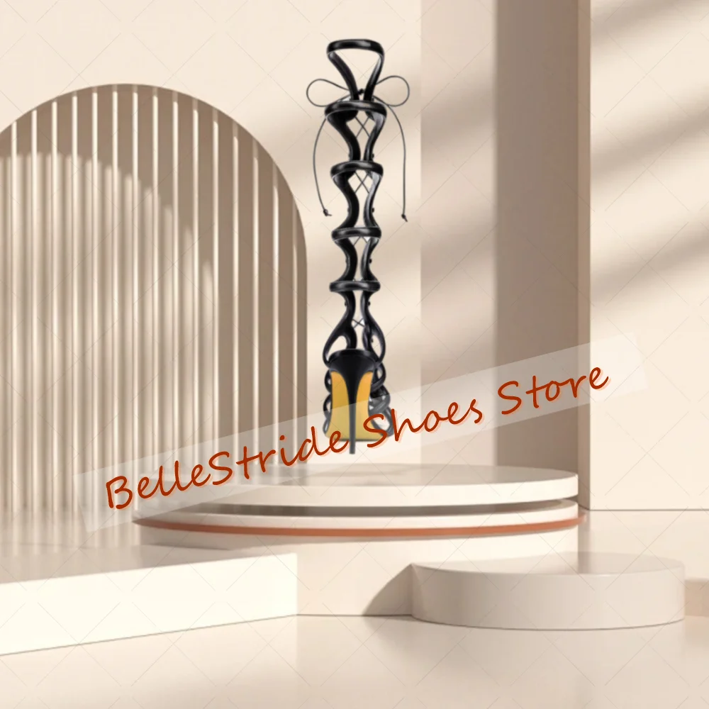 블랙 홀로우 아웃 오픈 토 샌들 부츠 레이스업 여성 신발 스틸레토 하이힐 파티 연회 데이트 2025 여성용 신발