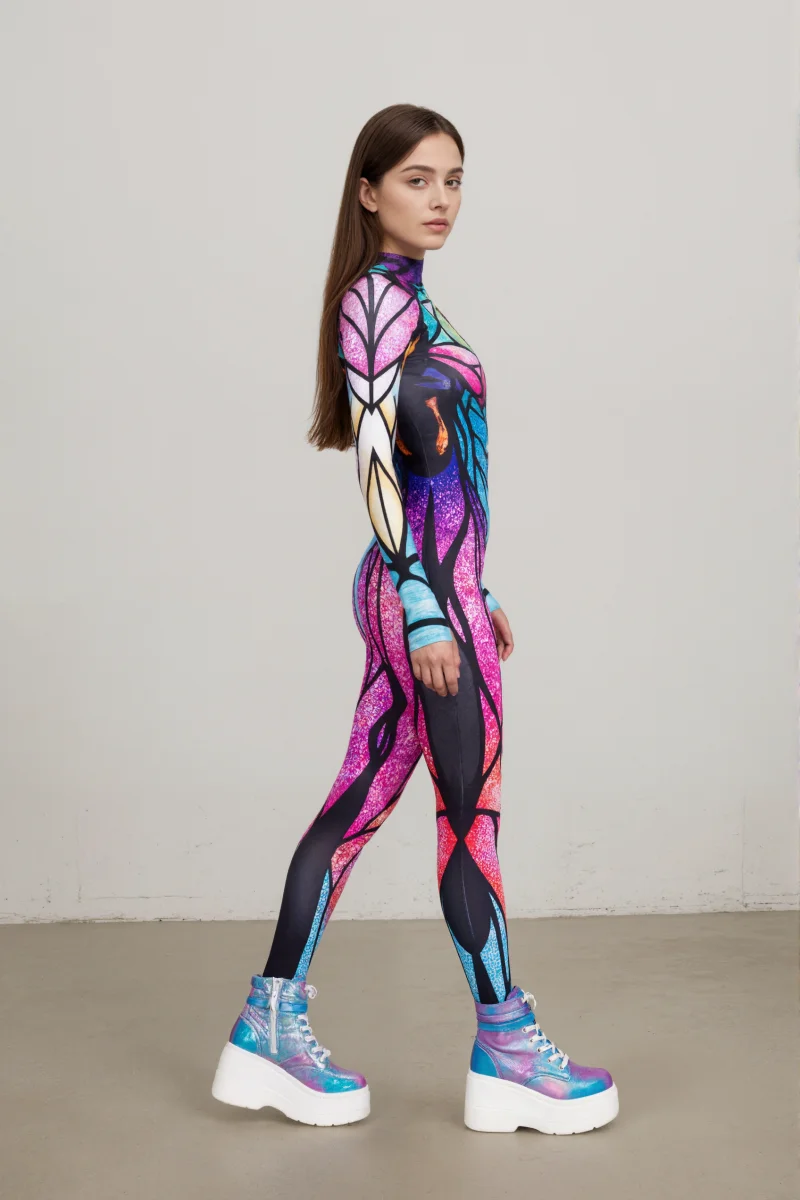 Neuer bunter Schmetterlings-Print-Cosplay-Bodysuit für Damen, Erwachsenen-Halloween-Karnevalsparty-Märchenkostüm, Bühnenkostüm, Zentai-Anzug – Detail 7