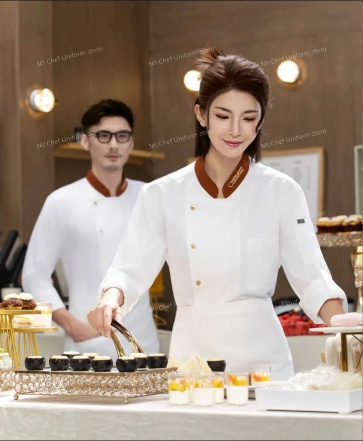 Chaqueta de Chef blanca de manga larga, uniforme de Chef de restaurante, camiseta de Chef, uniforme de trabajo de panadero, abrigo de cocinero de Hotel, ropa con logotipo para mujer