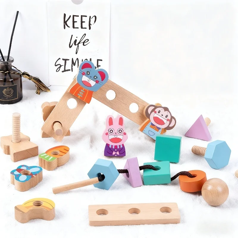 صواميل ومسامير خشبية للأطفال مكعبات بناء لولبية مهارات حركية دقيقة ألعاب تعليمية مونتيسوري كتل دي البناء #1