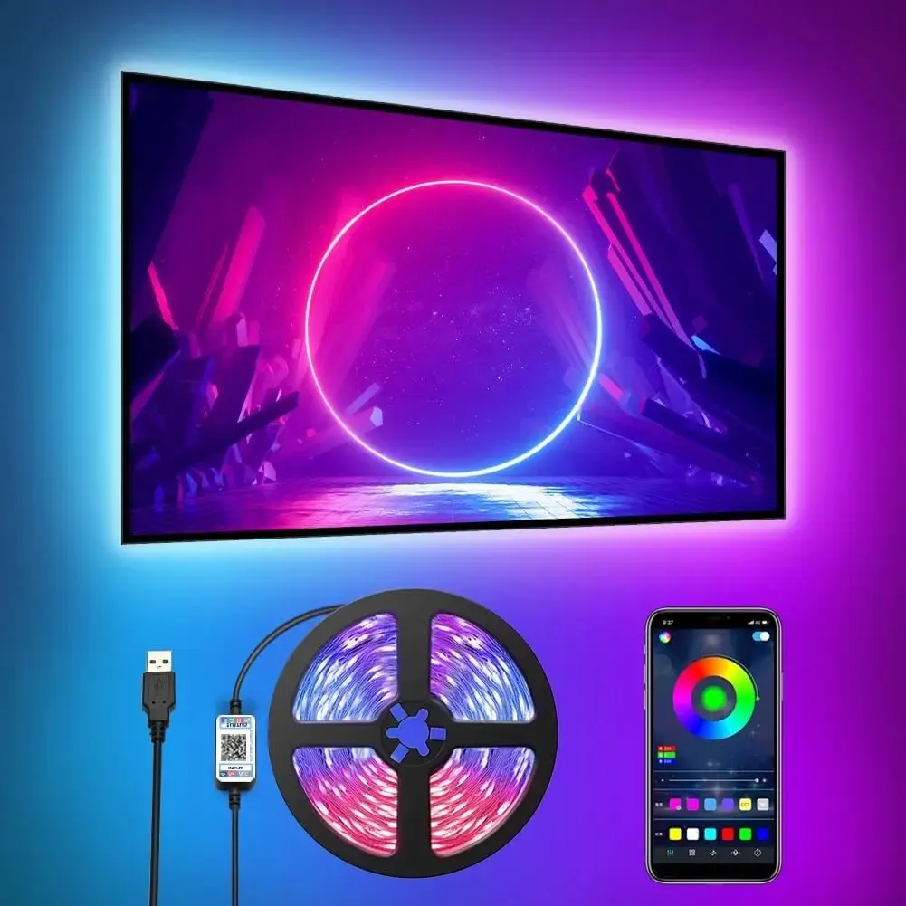 Taśma LED USB 1M z pilotem na 24 klawisze, 60 diod LED/m Taśma RGB SMD2835 Elastyczne podświetlenie LED TV do sypialni, imprez i wystroju domu