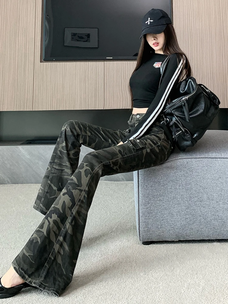 Camouflage Jeans Women Cargo Style American Vintage High Street Slim Mopping Flare Trousers Designed Streetwear Aesthetic Ins