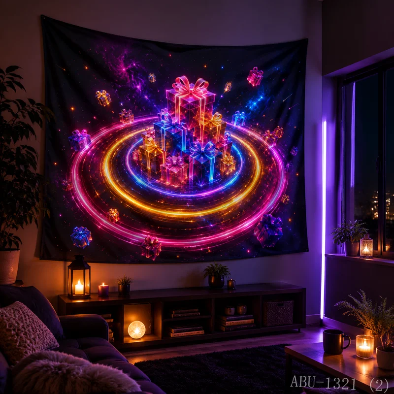 VIKAMA Rainbow Ring Light Track Neon Gift Box Nebula Starry Sky Christmas Tapestry Background Hanging Cloth Living Room Decor