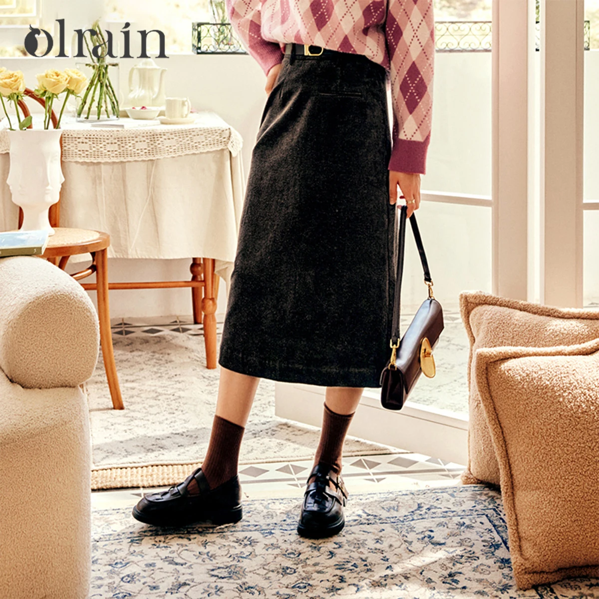 OLrain Women Midi Corduroy Skirt Autumn 2026 Vintage High Waist Split Skirt Leather Belt Solid Female Clothing O21QB50115