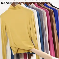 Women T-shirts Bottoming Shirt 2025 Autumn Winter Turtleneck Warm Fashion Korean Solid Thin Fabric Inner Slim Fit Modal T-shirt