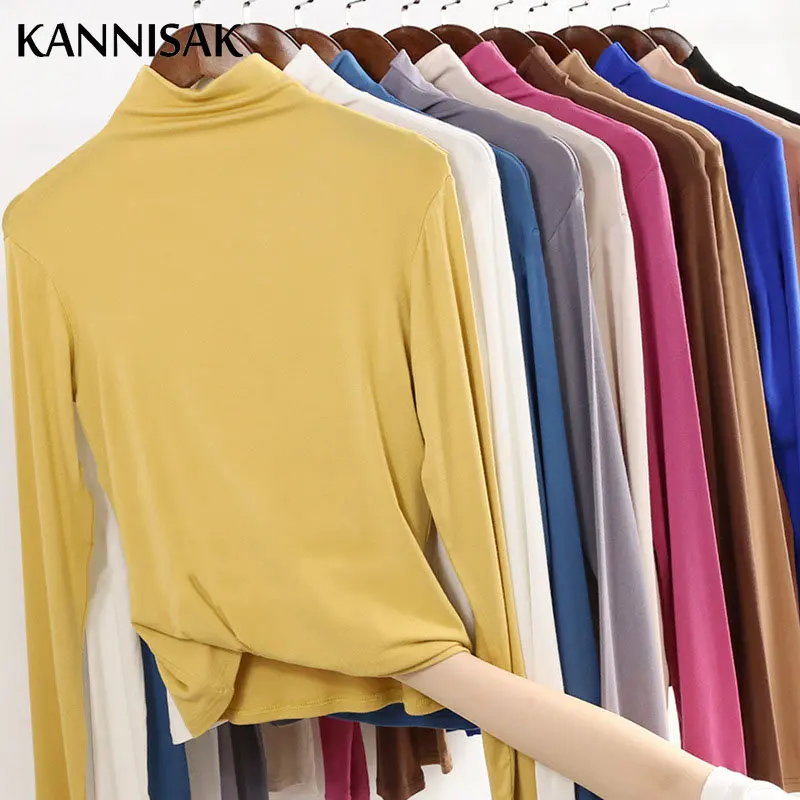 Damskie koszulki T-shirtowe Bluzka bazowa 2025 Jesień Zima Golf Ciepła Moda Koreańska Jednolita Cienka Tkanina Wewnętrzna Dopasowana Modalowa Koszulka