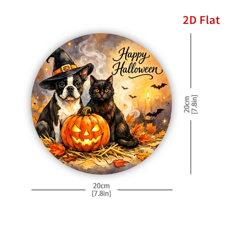 2D Flat - [2Dflat]1pc 20X20Cm Happy Halloween Round Metal Tin Sign, Dog Black Cat Witch Hat Pumpkin Bat Candle Retro Metal Wall