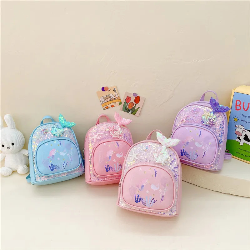 Cute children's schoolbag, kindergarten girl backpack, little princess, cute mermaid sequined backpack
