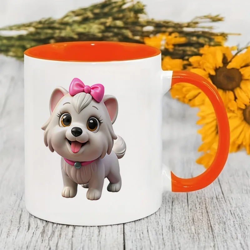 Cute White Puppy With Pink Bow Print Ceramic Coffee Mug, 11oz 350ml Colorful Print Mug, Personalized Custom Mug, Microwave Safe,