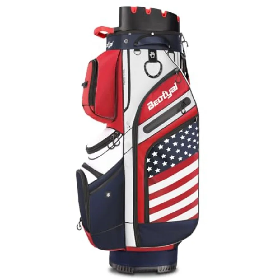 14 Way Golf Cart Bag with T Lock Top and Full Length Dividers, USA Flag Men's Golf Club Cart Bag Premium Cart Golf Bag with Coo