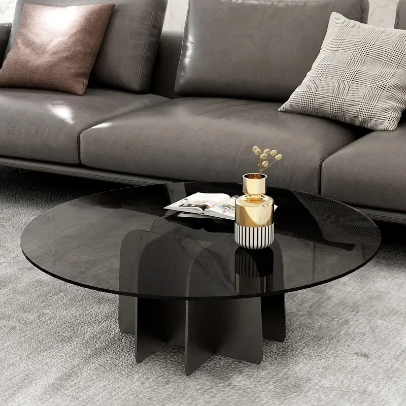 Modern Household Minimalist Rock Slab Edge Table Tempered Glass Round Coffee Table Simple Small Apartment Coffee Table Living Ro