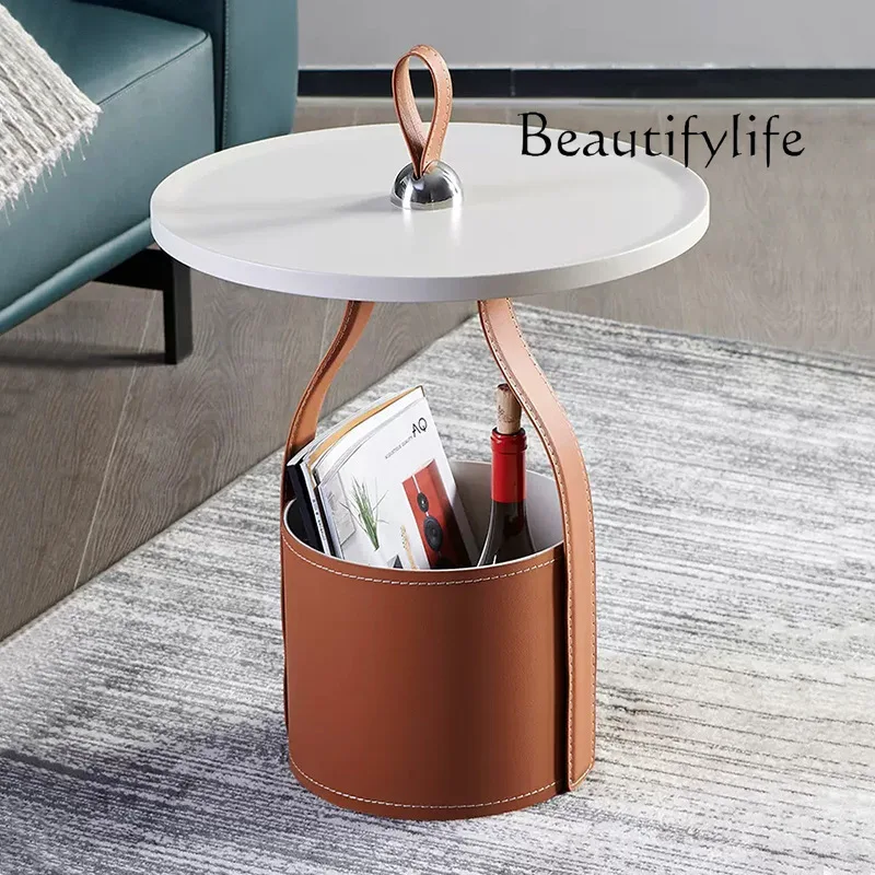 Italian minimalist pure handmade saddle leather storage coffee table creative hand carry living room sofa side table casual smal