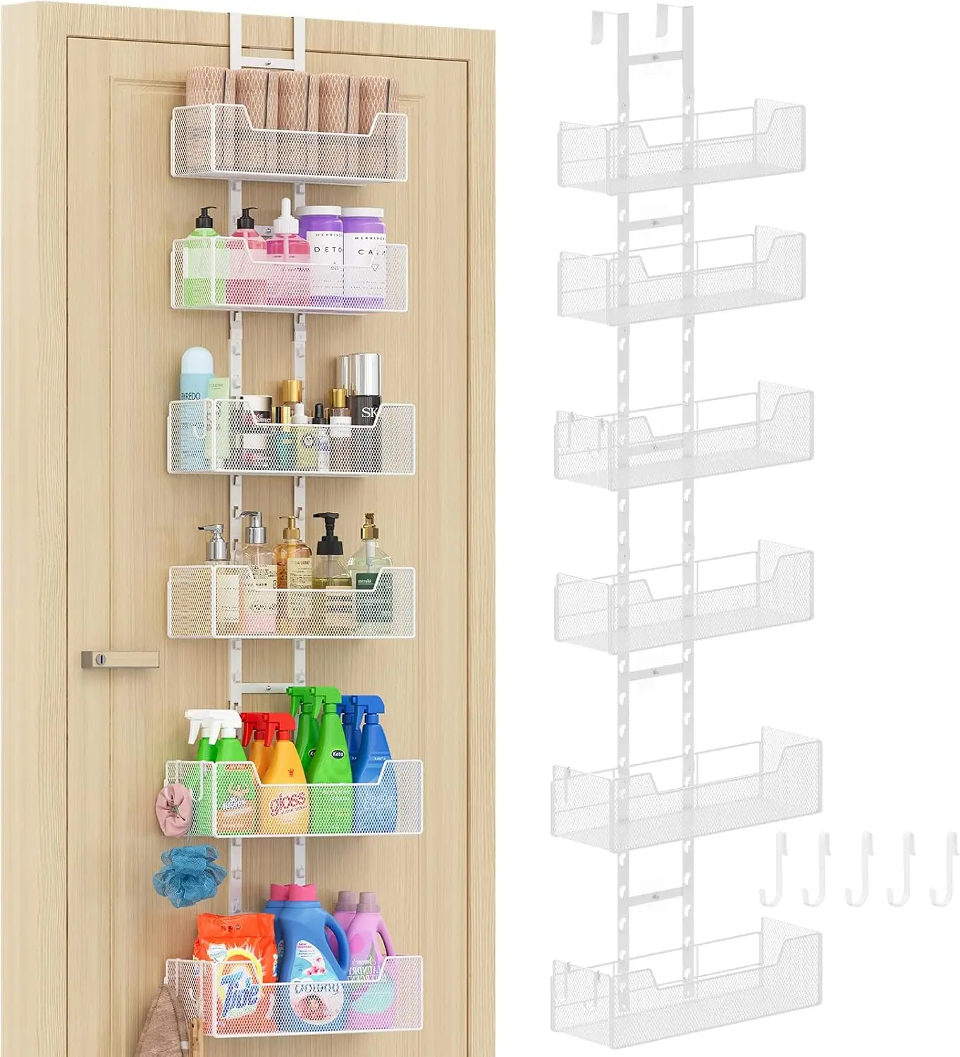 

Белый металлический органайзер для двери с 6 регулируемыми корзинами и 5 крючками для шкафа, кухни, ванной комнаты