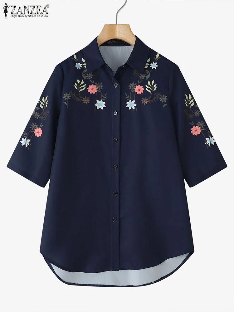 ZANZEA 2025 Jesienne Bluzki Damskie z Kwiatowym Nadrukiem Długie Koszule Vintage Bluzki Tuniki z Rękawem 3/4 Dekolt w Klapie Codzienne Bluzki Odzież