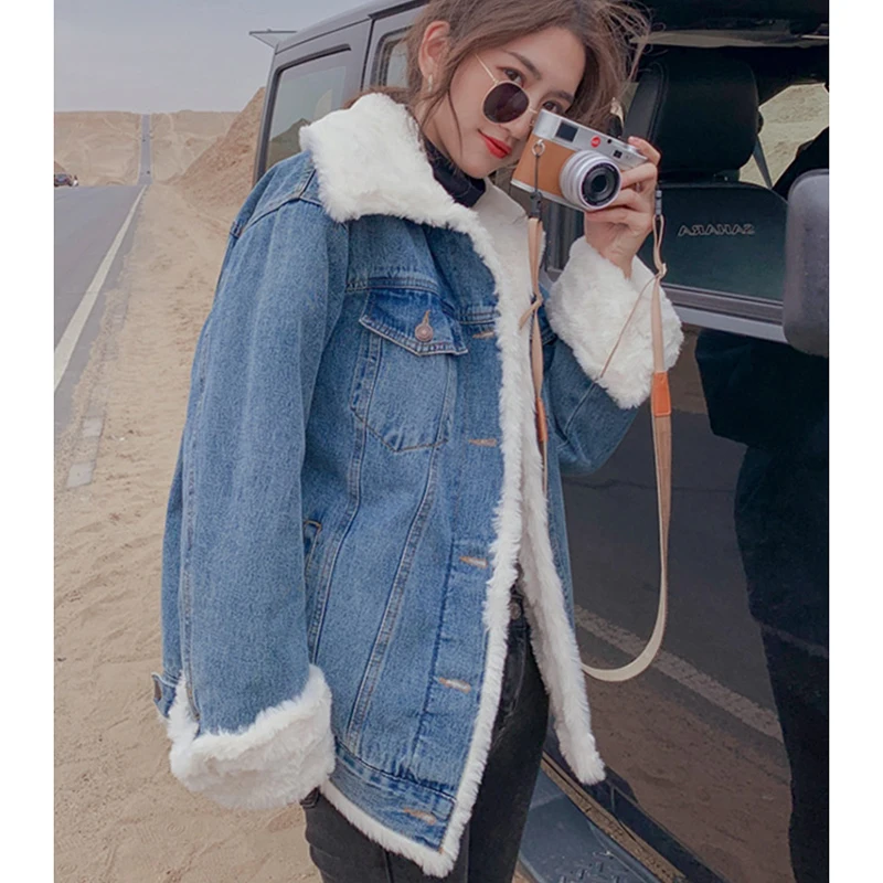 Add Velvet Thick Lamb Wool Jacket Denim Women Autumn Winter Korean Jeans Denim Outerwear Ladies Loose Fried Street Vintage Coat