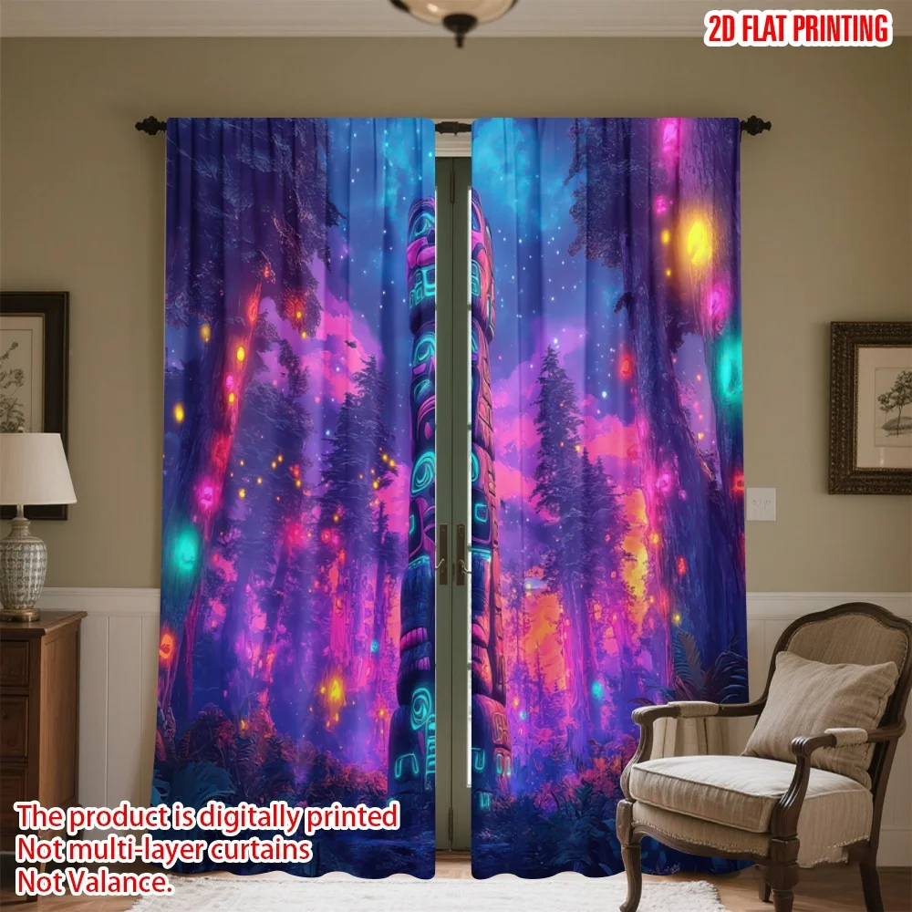 

2D flat printing 2pcs Curtain Forest Totem Digital Printed Polyester Drapes Family Party for Indoor Celebrations Room Garden