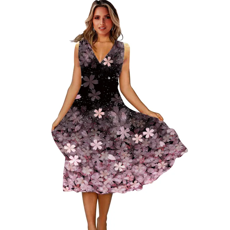 2022 Europe and America Border Foreign Trade Women's Clothing Floral Print Sleeveless Swing Dress